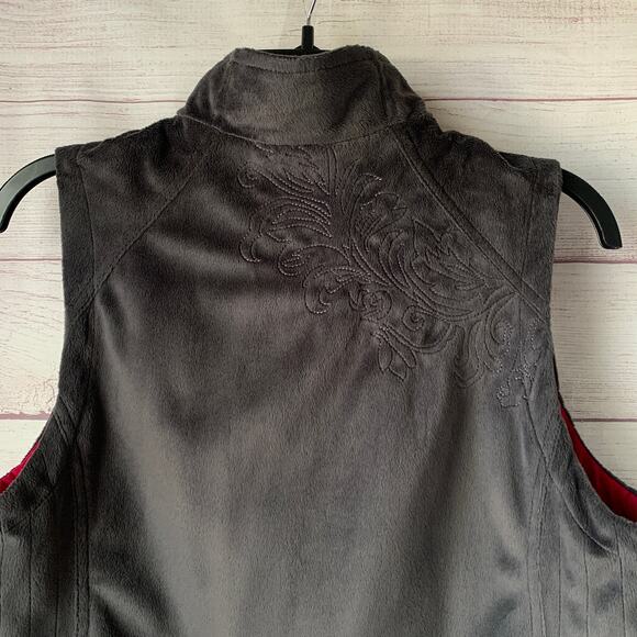 Charcoal Gray and Pink Reversible Zip Up Vest Fleece Embroidered Floral - Picture 8 of 16